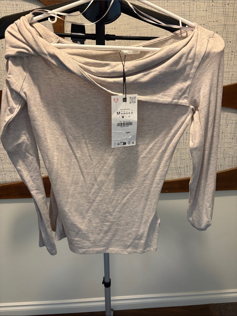 Zara Off-Shoulder Long-Sleeve Top in Light Beige